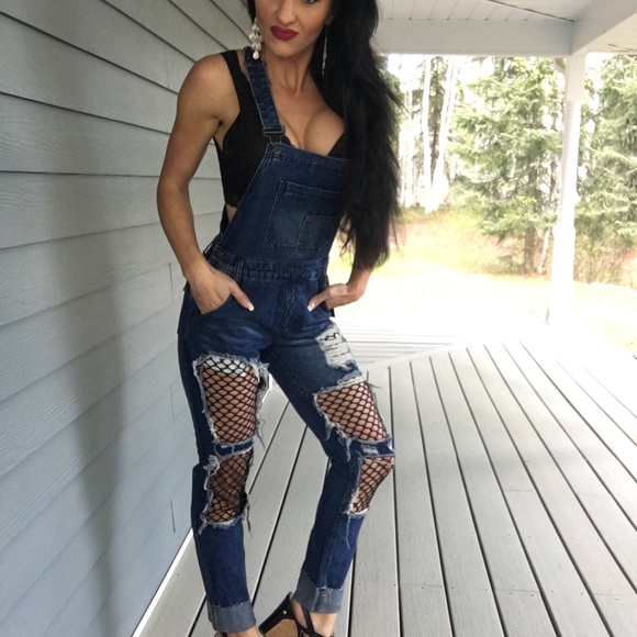 Fishnet insert boyfriend distressed denim overalls - Picture 2 of 8